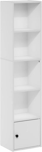 Furinno LUDER Book Shelf, 5-Tier Modern Bookshelf, Bookcase with 1 Door Storage Cabinet, 9.3 x 12 x 52, for Living Room, Bedroom, Home Office, White