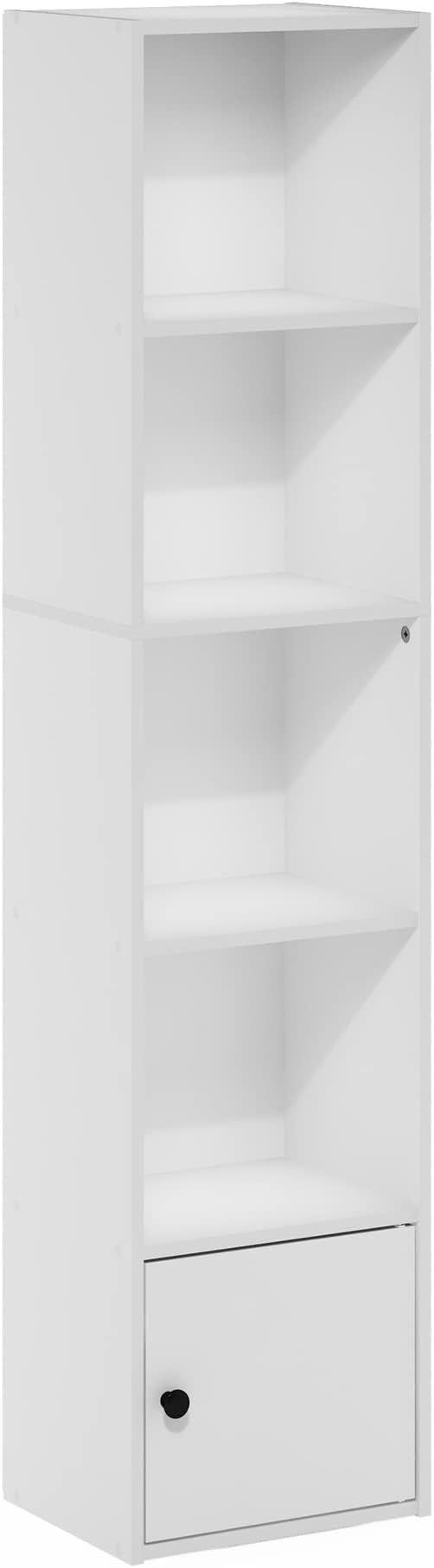 Furinno LUDER Book Shelf, 5-Tier Modern Bookshelf, Bookcase with 1 Door Storage Cabinet, 9.3 x 12 x 52, for Living Room, Bedroom, Home Office, White