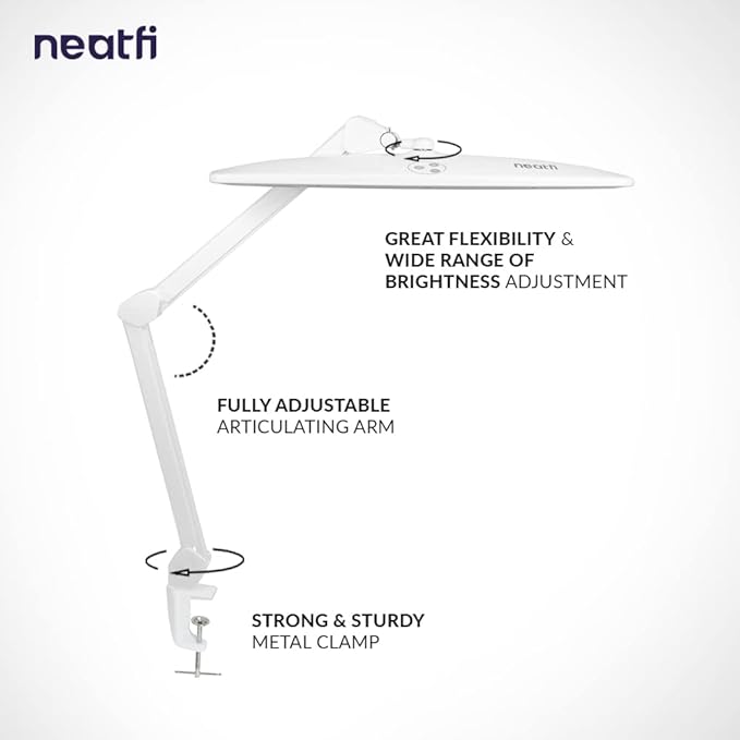 Neatfi Elite HD XL Task Lamp, 1600 Lumens, 84PCS SMD LED, 6500K, Non-Polar Dimming, Desk Light for Home, Office, and Study Room (Non-CCT with Clamp, White, 22 Inches)