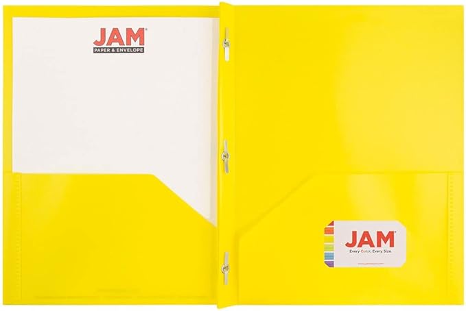 JAM PAPER Plastic Color POP Folders - 2 Pocket Durable Folders with Metal Prongs Fastener Clasps - Assorted Primary Colors - 6/Pack