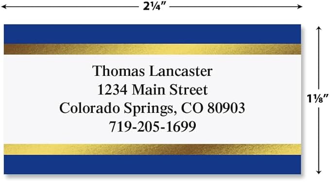 Blue and Gold Foil Border Return Address Labels - Set of 144 1-1/8" x 2-1/4" Self-Adhesive, Flat-Sheet Labels