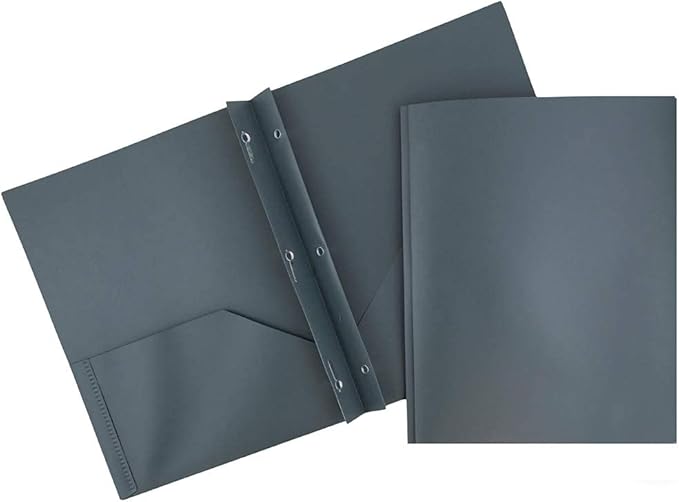 JAM PAPER Plastic Color POP Folders - 2 Pocket Durable Folders with Metal Prongs Fastener Clasps - Grey - 6/Pack