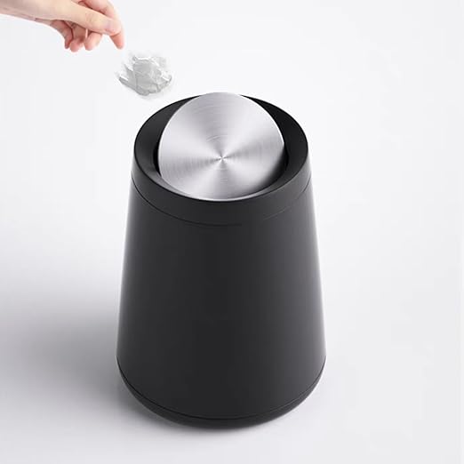 YOJIA 10L / 2.6Gal Metal Black Trash Can with Swing Lid, Modern Brass Garbage Can with Removable Inner, Decorative Unique Waste Basket for Bathroom, Bedroom, Office, Hotel, (Black)