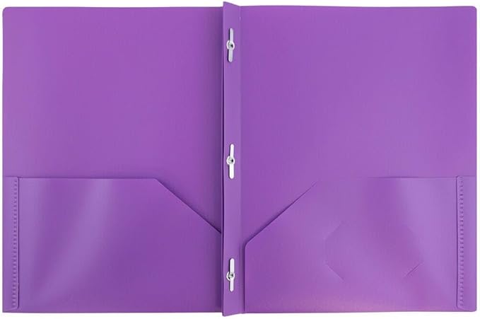 JAM PAPER Plastic 2 Pocket POP Folders - Durable School Folders with Metal Prongs Fastener Clasps - Purple - Bulk 48/Pack