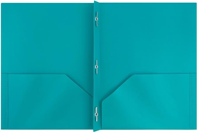 JAM PAPER Plastic Color Pop Folders - 2 Pocket Durable Folders with Metal Prongs Fastener Clasps - Teal Blue - 3/Pack