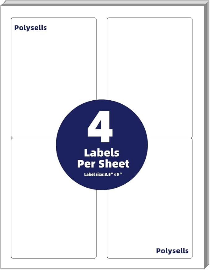 POLYSELLS Shipping Labels with Self Adhesive for Laser & Inkjet Printers, 4 Printing Labels Per Sheet, White 3.5 x 5 Inches - 100 Sheets (400 Shipping Label Paper)