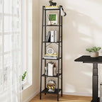Hzuaneri Ladder Shelf, Bookshelf Bookcase, Freestanding Corner Storage Shelve with 2 Hooks for Home Office, Living Room, Kitchen, Bedroom, Industrial, 11.8" D x 13.4" W x 72.8" H, Black BC13304B