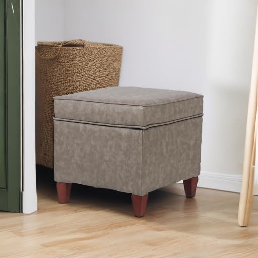 Asense Square Storage Ottoman Faux Leather Upholstered Footrest Footstool with Wooden Legs, Grey