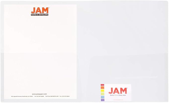 JAM PAPER Plastic Light Weight Flexible Two Pocket Presentation Folder - Clear - 108/pack