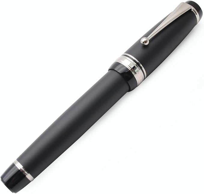 xixixiaozhu Metal Big Fountain Pen Set Medium Nib 0.7mm, Includes Ink Refill Converter, 5 Ink Cartridges & Gift Box (Medium Nib 0.7mm, Matte Black with Silvery Clip)