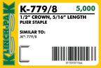 Klinch-Pak K-779/8, 5/16” Leg by 1/2" Wide Crown Heavy-Duty Galvanized Plier Staples, 5000 Per Package, for stapling Trays, Lids, Bags, Header Cards, Fastening End Caps and Container Inserts