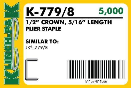 Klinch-Pak K-779/8, 5/16” Leg by 1/2" Wide Crown Heavy-Duty Galvanized Plier Staples, 5000 Per Package, for stapling Trays, Lids, Bags, Header Cards, Fastening End Caps and Container Inserts