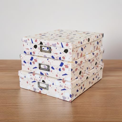 Soul & Lane Decorative Cardboard Storage Boxes With Lids for Home Décor, Set of 3 Nesting Photo Storage Box Set for Organizing, Scrapbooks, Keepsakes, Terrazzo Print Memory Containers