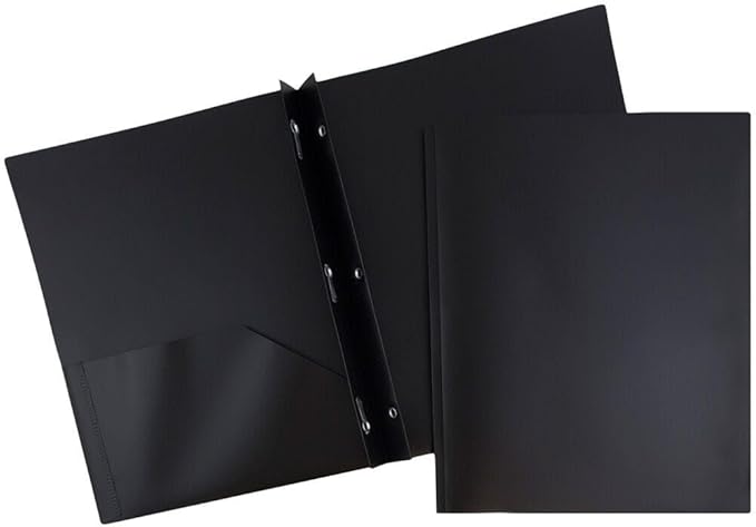 JAM PAPER Plastic Color Pop Folders - 2 Pocket Durable Folders with Metal Prongs Fastener Clasps - Black - 3/Pack