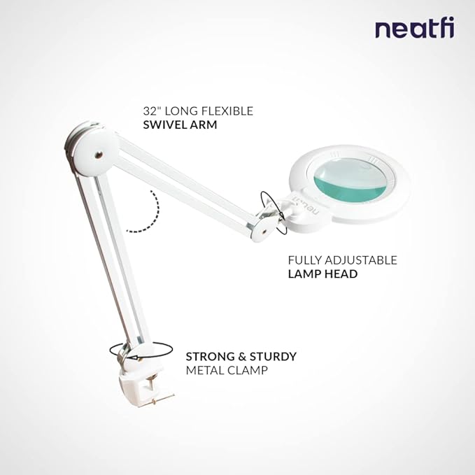 Neatfi XL Bifocal LED Magnifying Lamp, 7-Inch Acrylic Lens, 5D/20D Magnification, Hands-Free, Dimmable, 168 SMD LED, Adjustable Arm for Crafts, Reading, Close Work (White, CCT with Clamp)