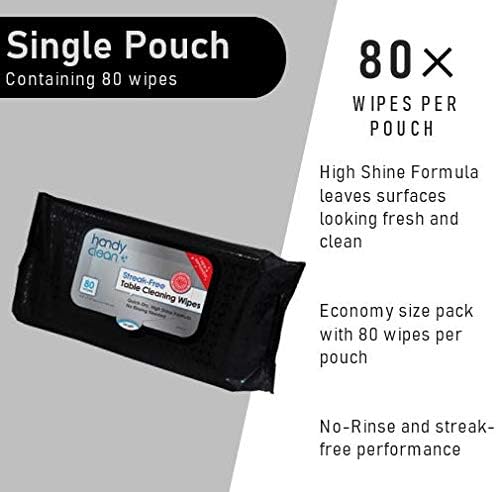 HandyClean Table Top And Counter Cleaning Wipes 1 Resealable Pouch of 80 Count 10.5" x 7.75" Pre-Moistened Wipes With High Shine Formula Perfect For Use at Home or Restaurants Clinics, and Office