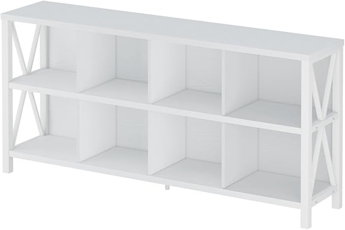 FATORRI 8 Cube Storage Organizer Bookshelf, 62 Inch Rustic Wood Horizontal Bookcase, Industrial Cube Long Book Shelf for Living Room (White Oak)