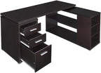 Pemberly Row L Shape Corner Storage Desk in Brown Cappuccino, Letter/Legal File, 5 Bookshelves