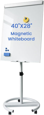 Rolling Whiteboard Magnetic Writeboard 40"x28" Flip Chart with 5 Wheels Easel-Style Dry Erase Boards Message Bulletin Board (White)