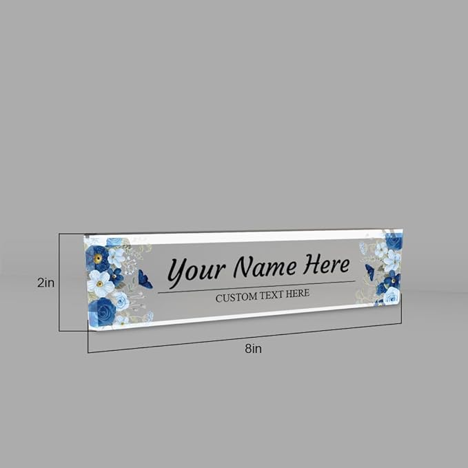 Signs ByLITA Floral Pattern Customized Nameplate | Indigo Blooms Personalized Full Color Acrylic Desk Sign