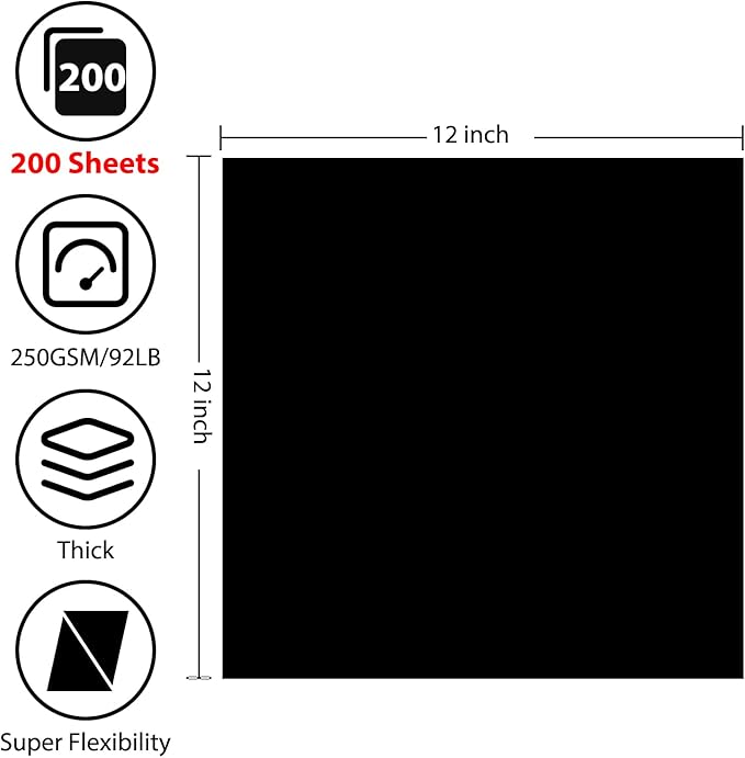 OcePor 200 Sheets Black Cardstock 12” x 12”, 92lb/250gsm Black Card Stock, Thick Card Stock Paper, Heavy Cardstock Paper for Printer, Resume, Scrapbooks, Art, Crafts, Business Cards