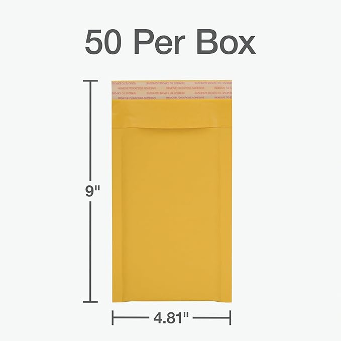 Quality Park Bubble Mailers, 4 x 8 Shipping Envelopes, Self-Seal, Small Kraft Padded Envelopes, Redi-Strip Peel Off Closure, 50 Per Box (QUA85928)