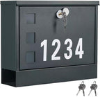 LAND·VOI Locking Mailbox Wall Mounted, Metal Postbox with Three Sets of Mail Box Number Stickers, 4 Keys, 14.4" x 4.5" x 11.2", Large Capacity, Anthracite Gray AMB11G