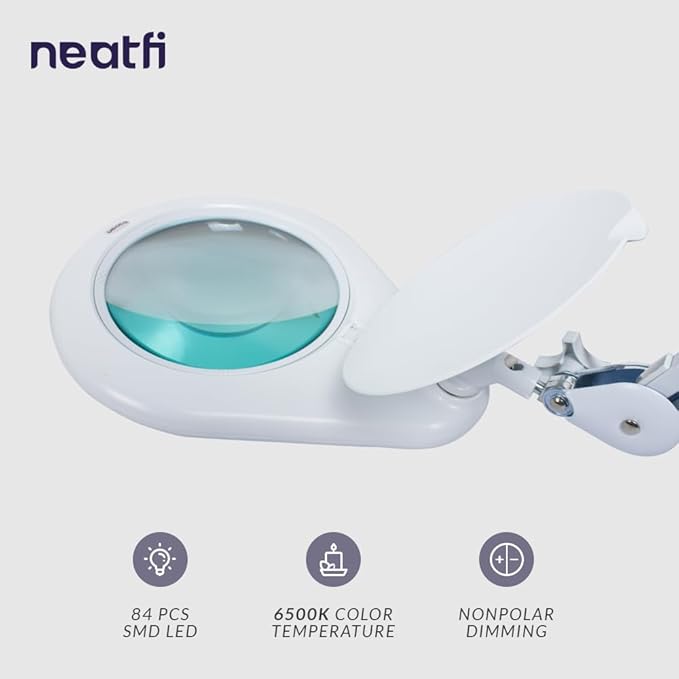 Neatfi LED Magnifying Lamp, 5 Diopter Glass Lens, 6500K Daylight Bright Light, Adjustable Arm, Eye-Friendly Lamp for Crafts, Sewing, Painting, Jewelry Making & Reading (White, 7-Inch Lens with Clamp)