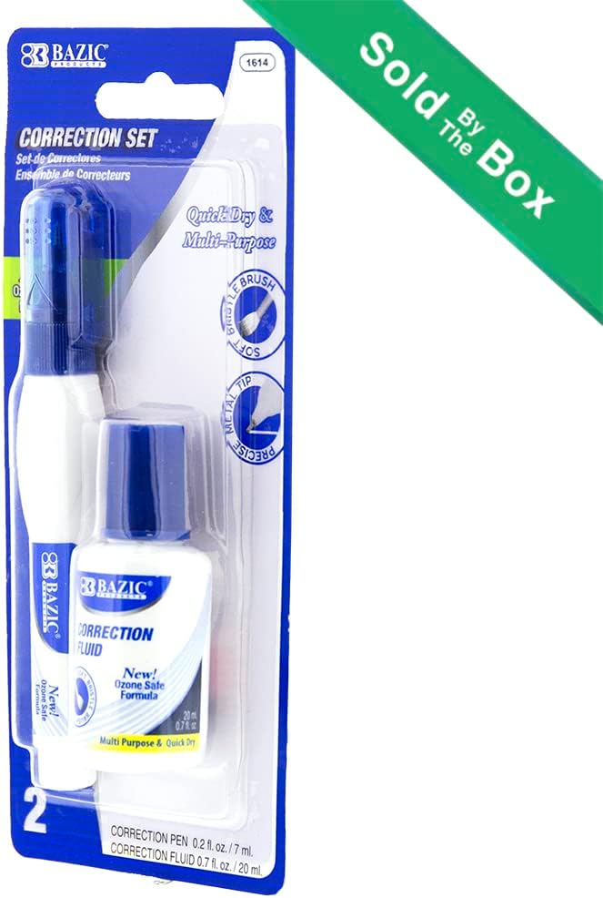 BAZIC Products Correction Fluid, Soft Bristle Brush & Precise Metal Tip Applicator, Fine Point Corrections Pen White Out Wipe Out Liquid (2/Pack), 24-Packs