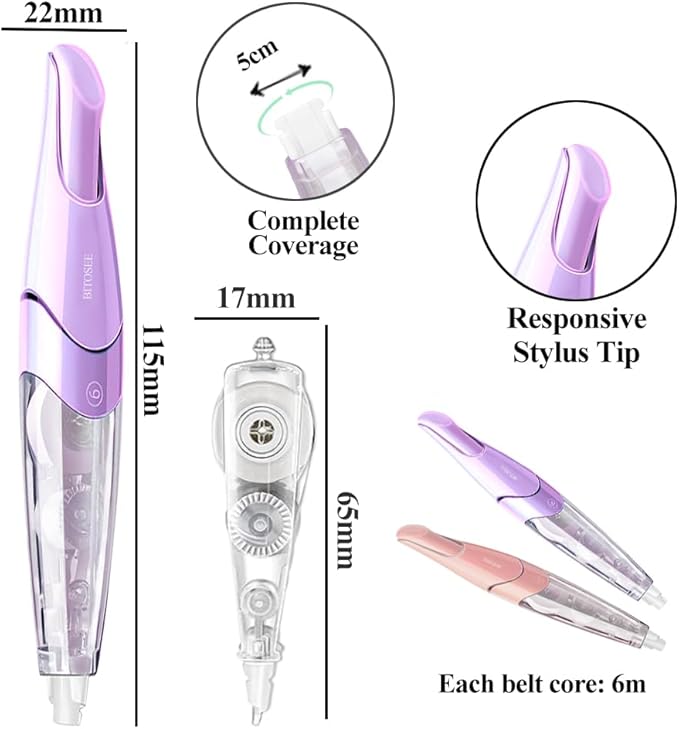 BITOSEE White Correction Tape, Retractable Refillable Correction Tape, With Smooth Pull Out Tape Applicator, Aesthetic Cute Correction Pen for Office Supplies