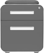 Laura Davidson Furniture STOCKPILE Mini Seated 2 Drawer Mobile File Cabinet with Removable Magnetic Cushion Seat - Short Version, Metal Filing Cabinet, Pre-Assembled, Dark Grey Face with Grey Cushion