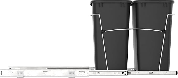 Rev-A-Shelf RV-18KD-18C S Double Pullout Trash Can for Kitchen Cabinets 35 Qt Garbage Recycling Bin on Full Extension Slides, Black