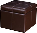Adeco Faux Leather Cube Storage Ottoman, Brown Ottomans for Living Room, Bedroom