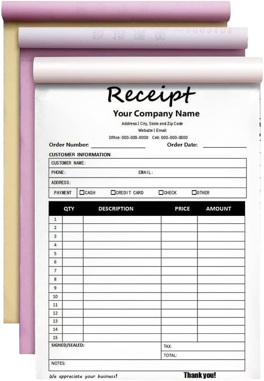 Custom Carbonless Sales Invoice Form Books for Small Business, Personalized NCR 3-Part Receipt Book with Carbon Copies, Cover Add Company Name, Address and Number Printed