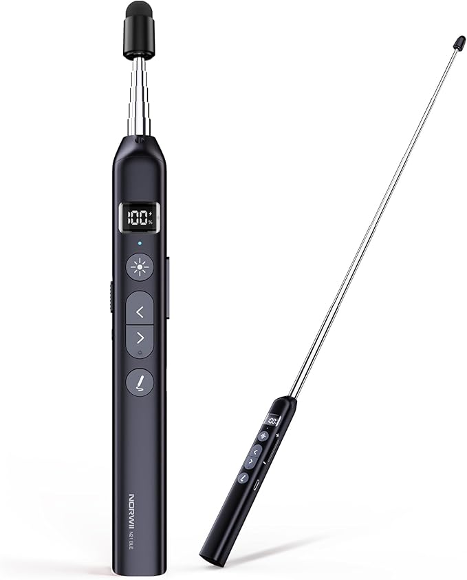 Norwii N21 Bluetooth Presentation Clicker with Telescopic Teaching Pointer, Presentation Remote with Retractable Stick for PowerPiont, Wireless Presenter, Slide Advancer (Black - Green Pointer)