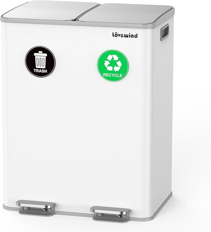 Lovewind Kitchen Trash Can, 2 x 8 Gallon (2 x 30 L) Stainless Steel Trash and Recycle Bin Combo with Soft-Close Lid, Dual Compartment Recycling Kitchen Step Trash Bin, White