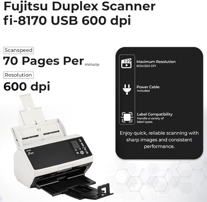 Fi-8170 Professional High Speed Color Duplex Document Scanner - Network Enabled, Scanner High Volume with Power Adapter + USB 3.2 Cable + Microfiber Cloth Included