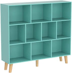 LEYAOYAO 10 Cube Bookshelf,3 Tier Modern Wide Bookcase with Legs,Mid-Century Wood Bookshelves Storage,Mint-Green Large Book Case,Freestanding Organizer Display Shelf for Bedroom,Living Room,Office