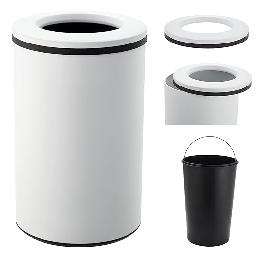 Takywep Stainless Steel Open Top Trash Can, 10.6 Gallon Cylindrical Touch-Free Direct Toss Bin with Soft-Close Lid, Anti-Fingerprint Easy-Clean for Kitchen Office Bathroom (White)