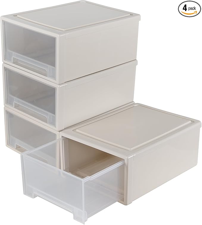 Xyskin 4-Pack 19 Quart Large Stackable Drawer Organizer Unit, Plastic Storage Box with Drawers