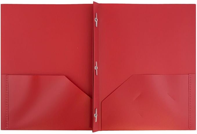 JAM PAPER Plastic 2 Pocket POP Folders - Durable School Folders with Metal Prongs Fastener Clasps - Red - Bulk 48/Pack