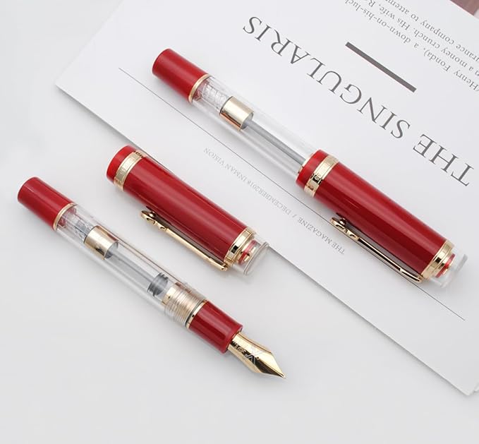 JINHAO 1935 Fountain Pen TIANDAO Series #8 Nib Ink Pen with Guitar-Shaped Clip and Ink Converter (F Nib 0.5mm, Red)