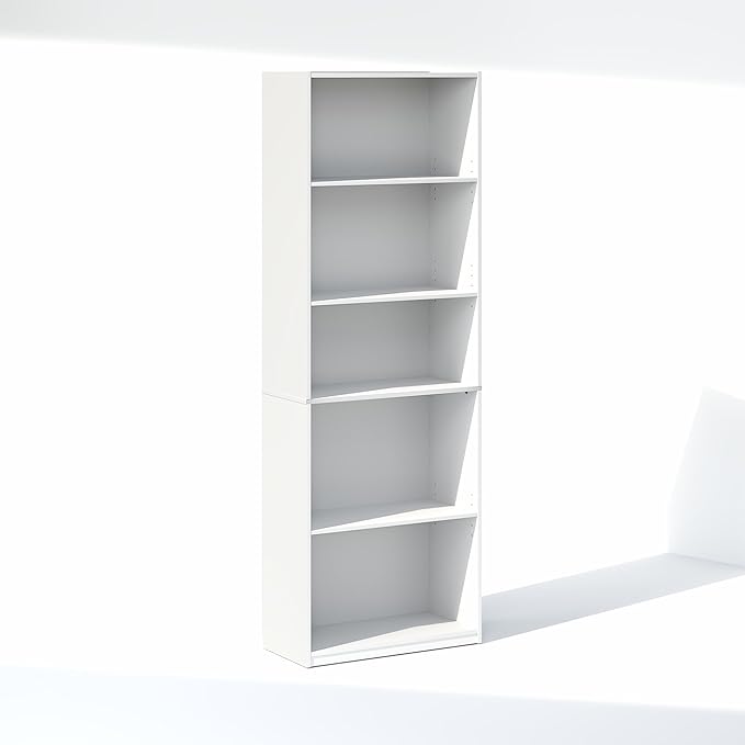 Furinno GEHRY DVD Shelf, 5-Tier CD Rack, Media Shelf with Adjustable Shelves, DVD Storage Cabinets for CD Blueray Game Disc, Easy Assembly, for Living Room, Home Office, White