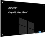 JYYPWB Magnetic Glass Whiteboard 48" x 36" Dry Erase Board Frameless Premium Tempered Galssboards Wall Mounted Glossy writeboard with Eraser, Marker Tray for Interactive Office, (Black)