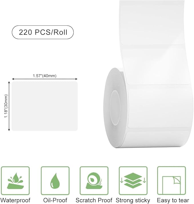 Risio Thermal Labels 1.57"x1.18"(40x30mm),220 Labels/Roll(5 Rolls),Waterproof, Oil-Resistant, Scratch-Resistant Thermal Label Paper,for Barcode/Address/Mailing/Logo/Business/Home