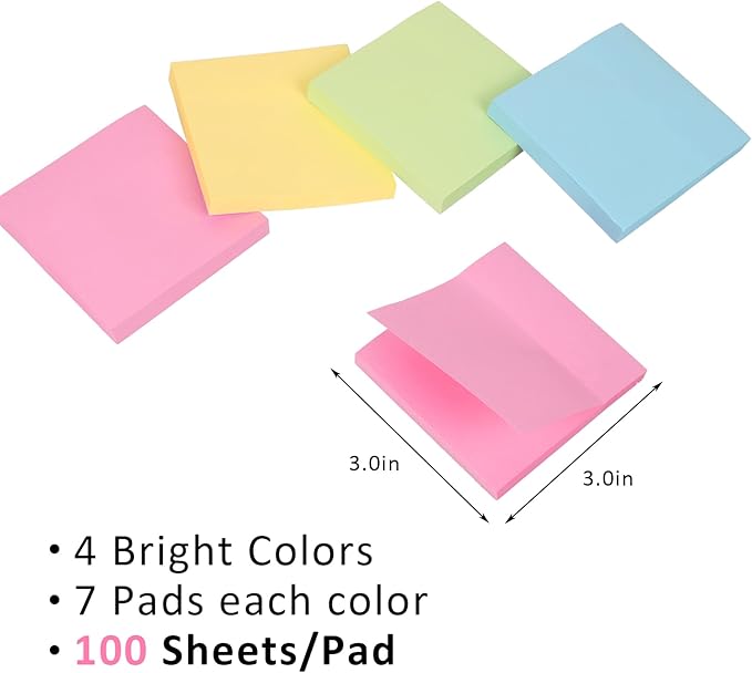 HappyHapi Sticky Notes 3x3 Inch 2800 Sheets, 28 Pack 100 Sheets/Pad, 4 Soft Colors (Yellow, Green, Pink, Blue) Light Colored Self-Stick Pads, Bulk Office Supplies for Work, School & Home