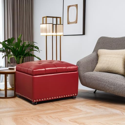 Decent Home 24'' Leather Storage Ottoman Rectangular Foot Rest Stool with Nailhead Trim for Bedroom Living Room(Red)