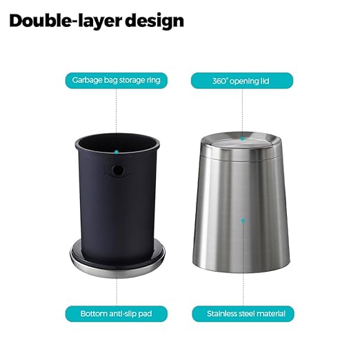 YOJIA 10L / 2.6Gal Small Stainless Steel Sliver Trash Can,Metal Bathroom Garbage can with Lid,Modern Home Décor Wastebasket with Flipping Lid, Garbage Can for Kitchen,Bathroom,Living Room(Silver),