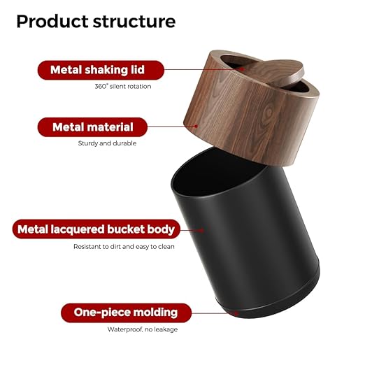 LEASYLIFE 3.1 GAL Modern Metal Trash Can with Realistic Wood Texture,Built-in Bag Holder,Flip Lid,Small Bathroom Garbage Can for Bathroom,Home,Office,Living Room (3.1gal Swing lid)