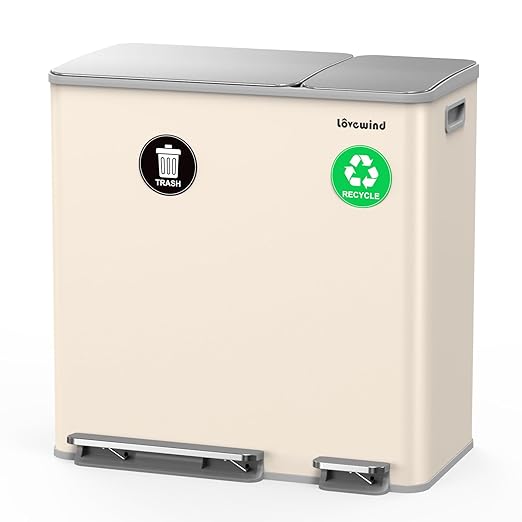 Dual Trash and Recycling Bins for Kitchen, 13.2 + 5.2 Gal (50+20L) Stainless Steel Trash and Recycle Bin Combo with Soft-Close Lid, Large Garbage Cans for Kitchen Home with 2 Magnets Sticker, Apricot